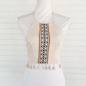 Cream and Red Embellished Crop Tank Top